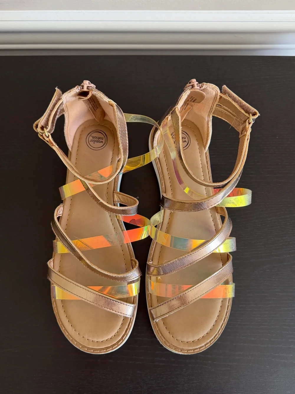 Wonder Nation Girls' 5 Gladiator Sandals Rose Gold Metallic Iridescent Straps
